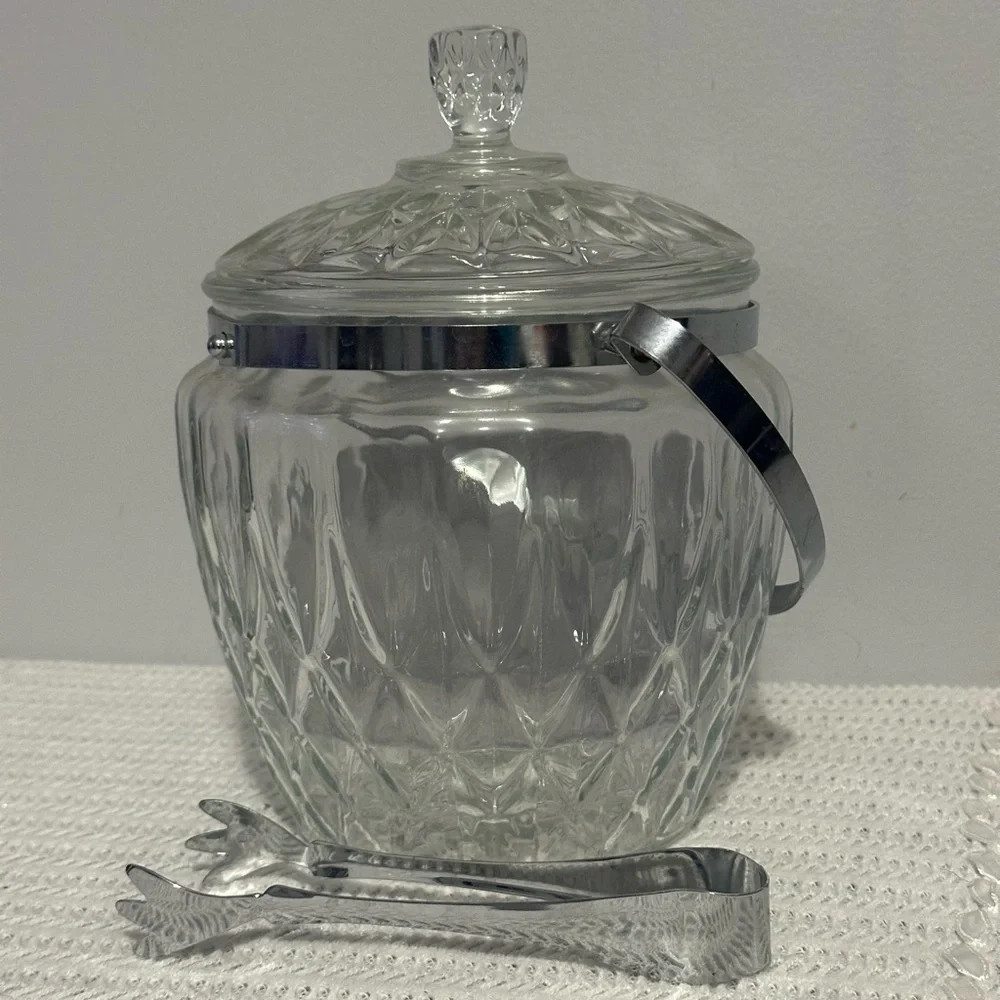 Vintage Elegant Glass Ice Bucket with Tongs great condition